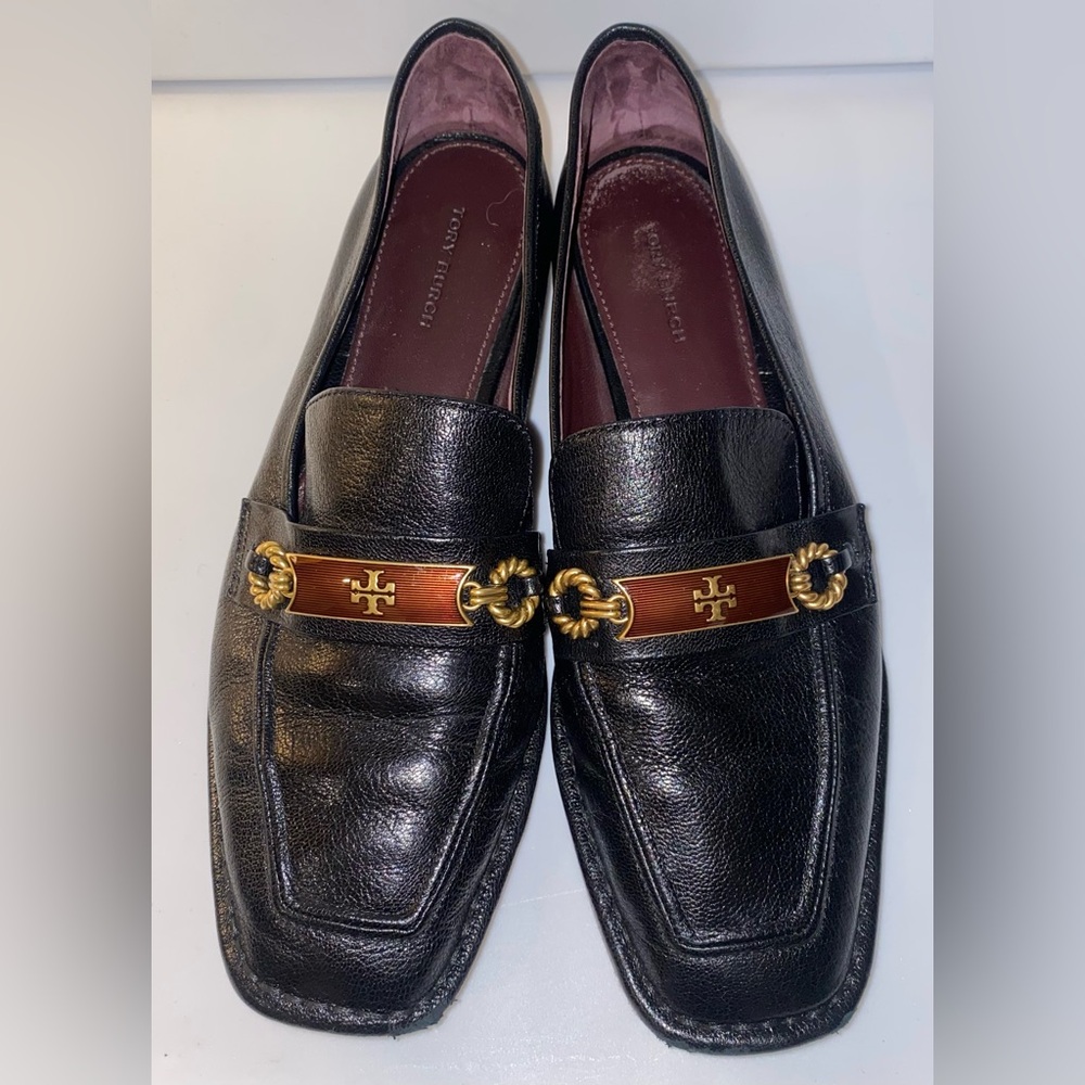 Tory Burch Black Leather Loafers with Gold & Brown Hardware